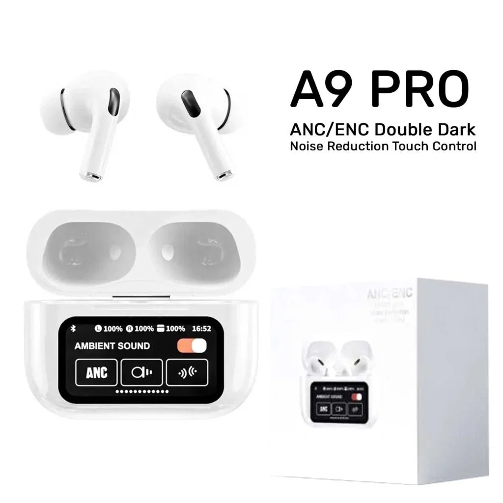 A9 Pro Wireless AirPods with digital LED display, Bluetooth connectivity, deep bass, noise reduction, and smart touch controls. Features a compact charging case, long battery life, and an ergonomic design for a premium audio experience." 