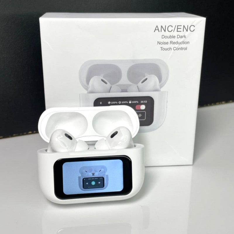 A9 Pro Wireless AirPods with digital LED display, Bluetooth connectivity, deep bass, noise reduction, and smart touch controls. Features a compact charging case, long battery life, and an ergonomic design for a premium audio experience." 🎧🔋

