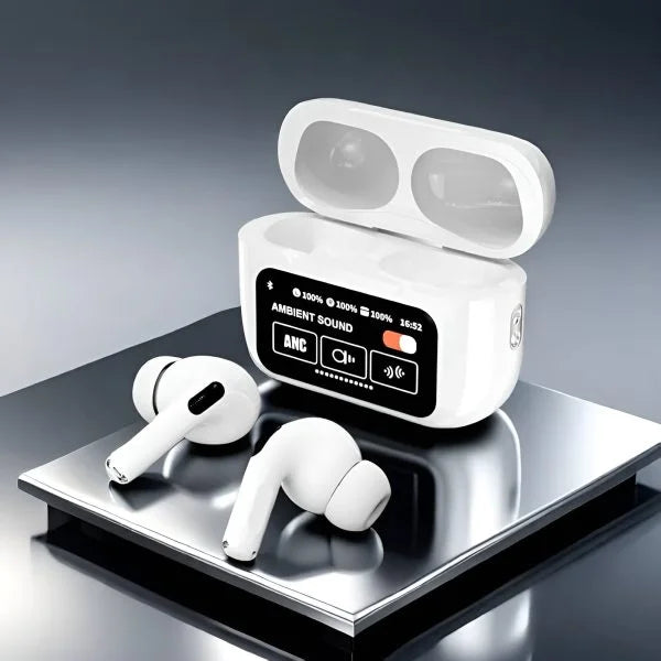 A9 Pro Wireless AirPods with digital LED display, Bluetooth connectivity, deep bass, noise reduction, and smart touch controls. Features a compact charging case, long battery life, and an ergonomic design for a premium audio experience." 🎧🔋