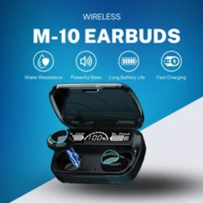 "M10 Wireless AirPods with Bluetooth connectivity, deep bass, noise reduction, and smart touch controls. Features a compact charging case, long battery life, and an ergonomic design for a comfortable, high-quality audio experience." 🎧🔋